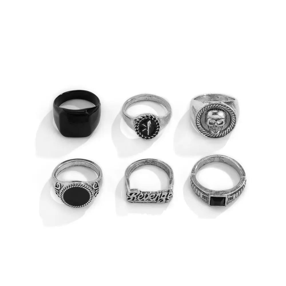 6pcs/set Hot Geometric Vintage Gold Silver Color Skull Rings Jewelry Set for Personality Men-Wannee Fashion Accessory