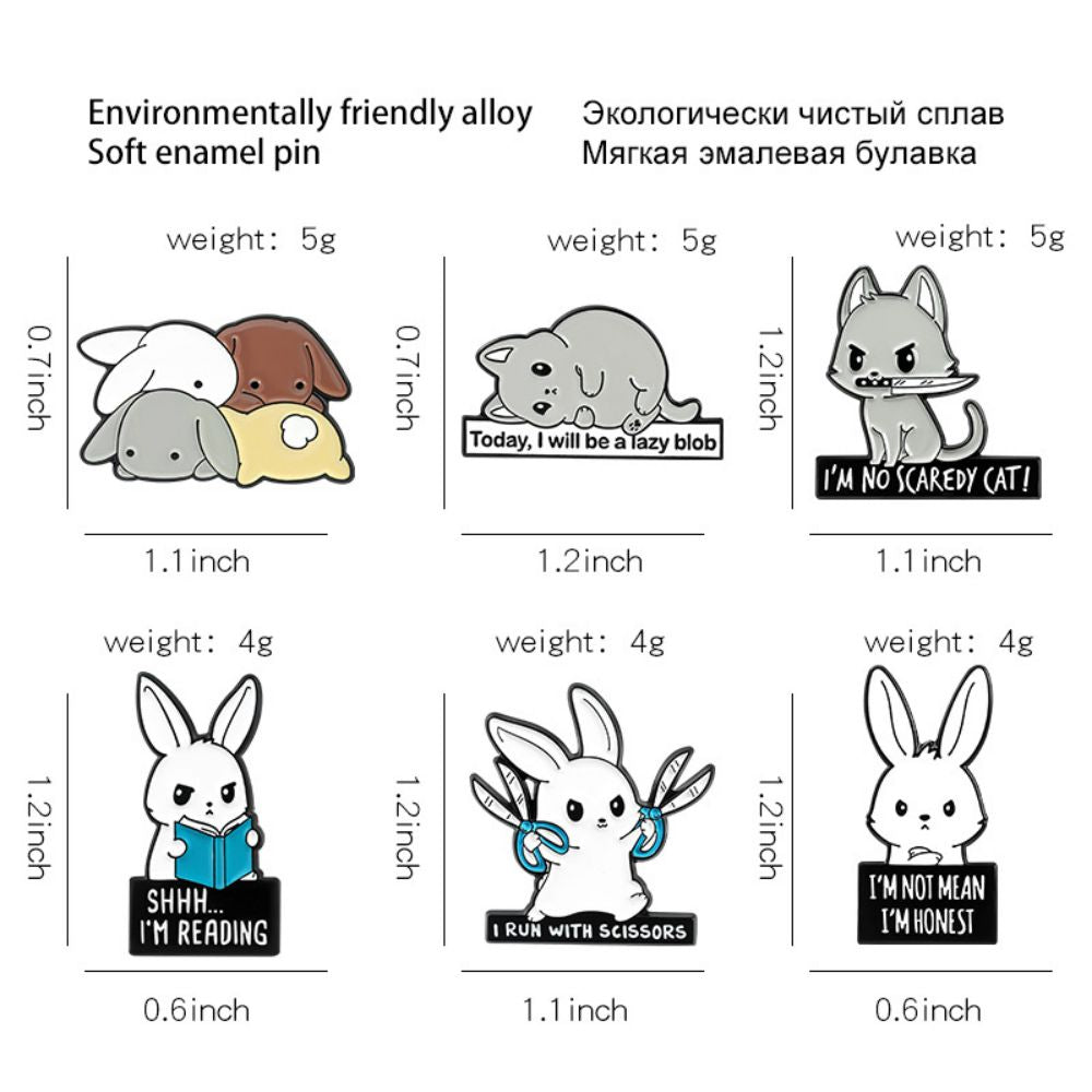 Funny Rabbit Cat Dog Meme Quote Lapel Brooches Pack