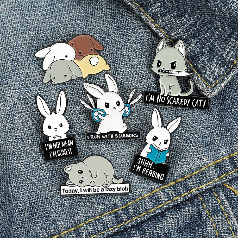 Funny Rabbit Cat Dog Meme Quote Lapel Brooches Pack