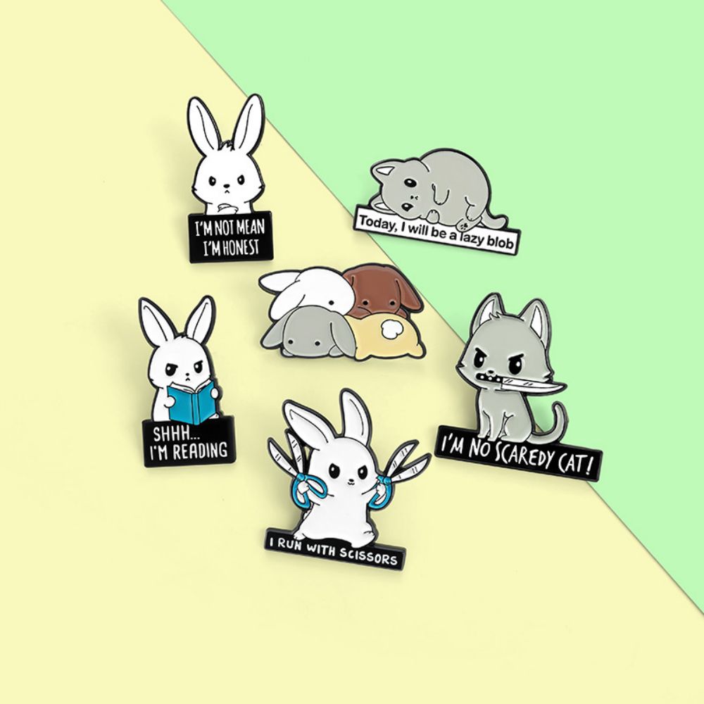 Funny Rabbit Cat Dog Meme Quote Lapel Brooches Pack