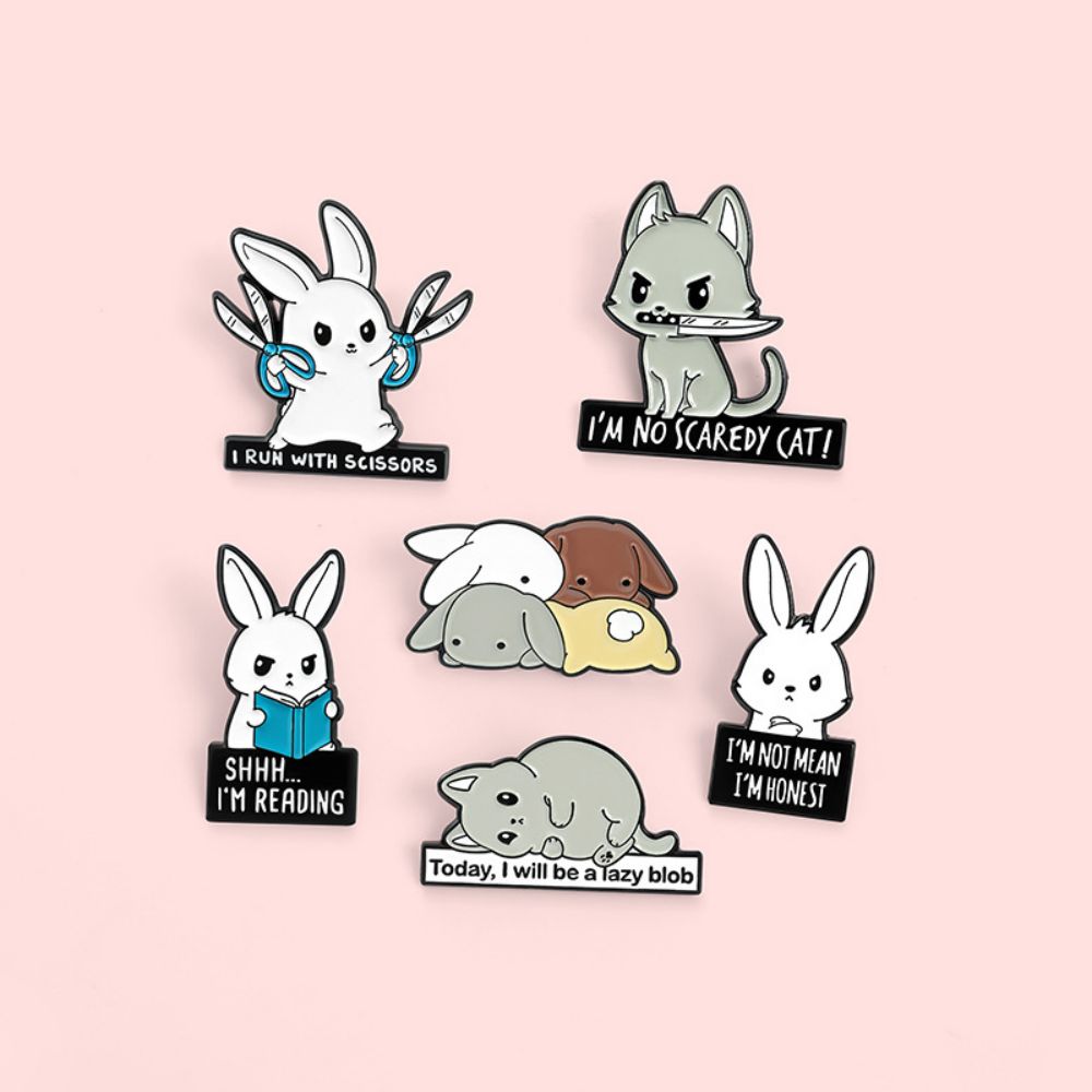 Funny Rabbit Cat Dog Meme Quote Lapel Brooches Pack