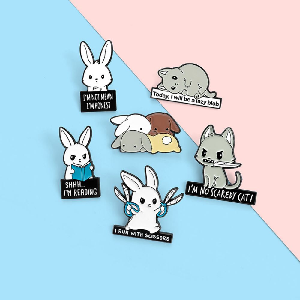 Funny Rabbit Cat Dog Meme Quote Lapel Brooches Pack