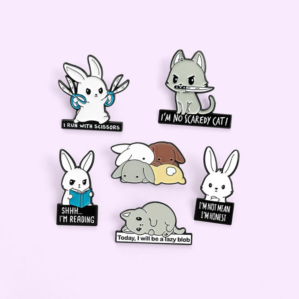 Funny Rabbit Cat Dog Meme Quote Lapel Brooches Pack