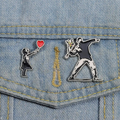 Banksy Art Enamel Pins Set, Balloon Girl & Flower Thrower Brooches