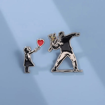 Banksy Art Enamel Pins Set, Balloon Girl & Flower Thrower Brooches