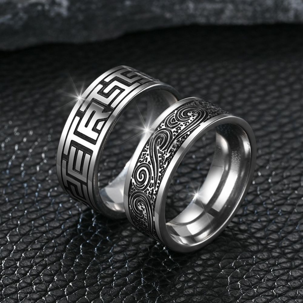 8mm Vintage Titanium Stainless Steel The Great Wall Wave Ring for Handsome Cool Men-Wannee Personality Fashion Accessory