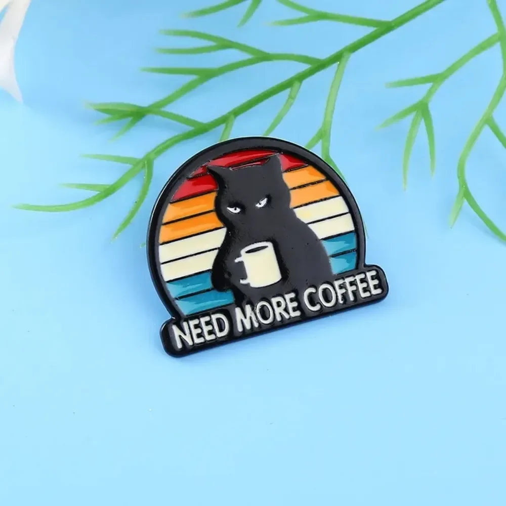 Grumpy Coffee Cat Retro Sunset Brooch