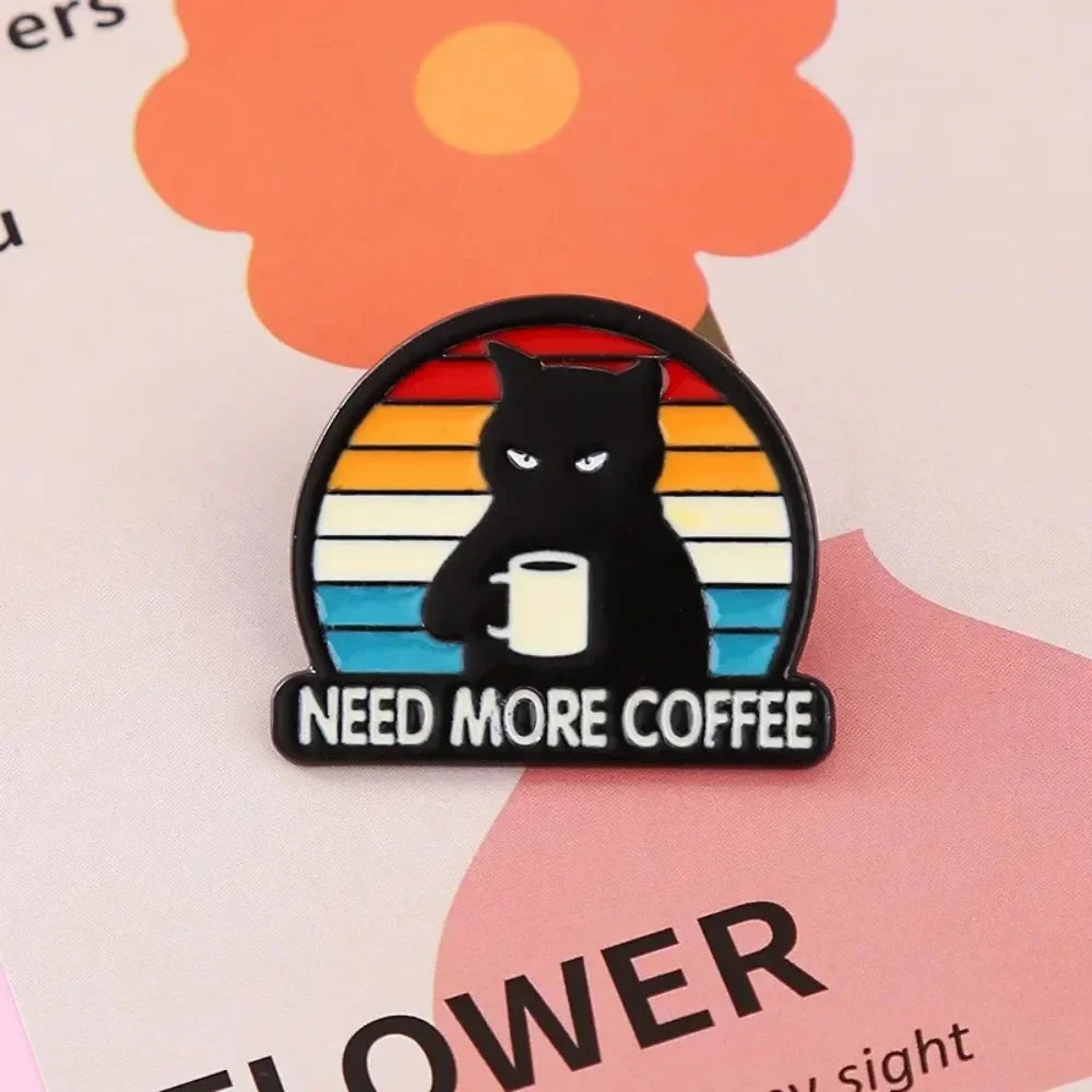 Grumpy Coffee Cat Retro Sunset Brooch