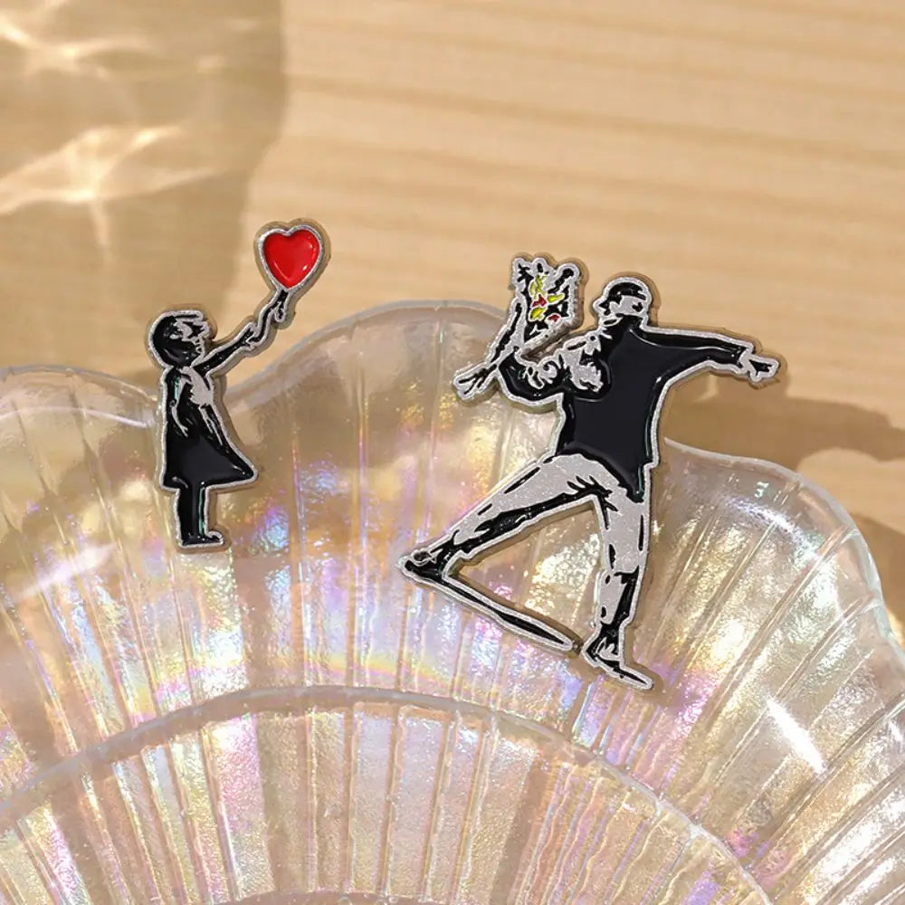 Banksy Art Enamel Pins Set, Balloon Girl & Flower Thrower Brooches