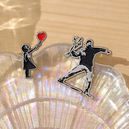 Banksy Art Enamel Pins Set, Balloon Girl & Flower Thrower Brooches