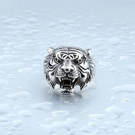 Vintage Animal Black Silver Punk Stainless Steel Tiger Head Rings for Cool Men-Wannee Fashion Accessory