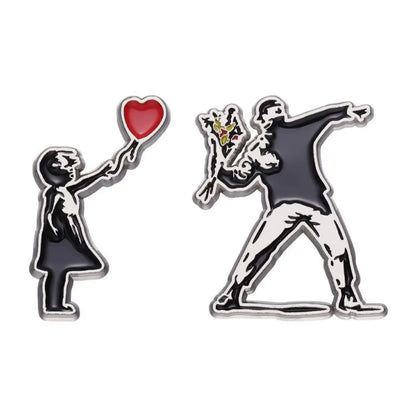 Banksy Art Enamel Pins Set, Balloon Girl & Flower Thrower Brooches