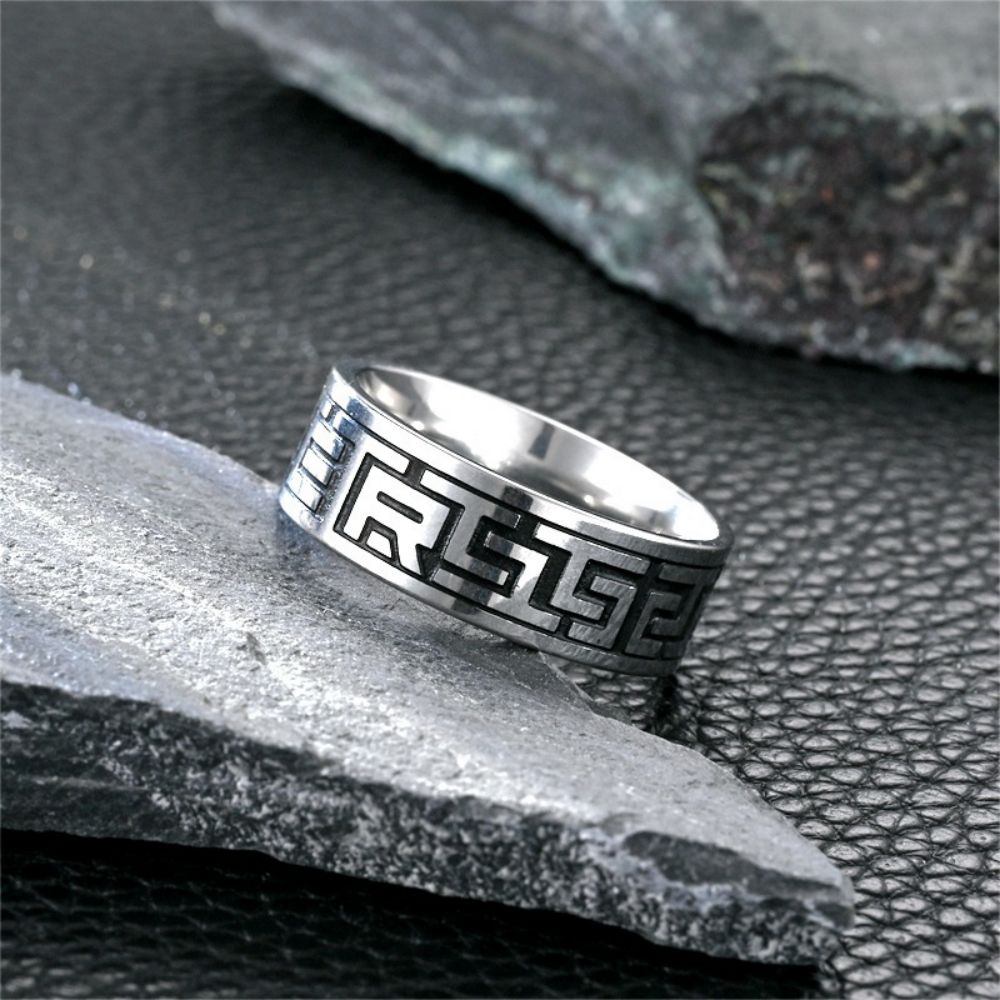 8mm Vintage Titanium Stainless Steel The Great Wall Wave Ring for Handsome Cool Men-Wannee Personality Fashion Accessory