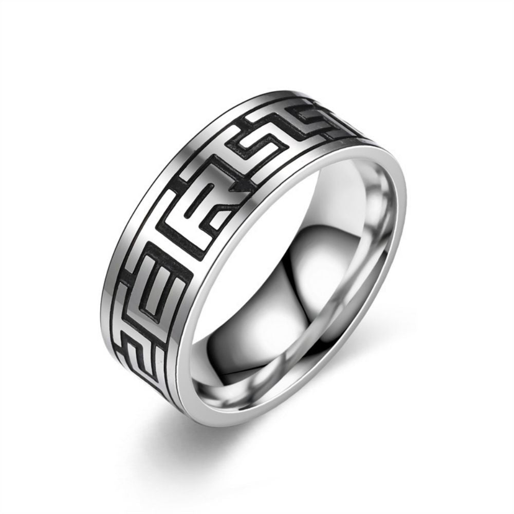 8mm Vintage Titanium Stainless Steel The Great Wall Wave Ring for Handsome Cool Men-Wannee Personality Fashion Accessory