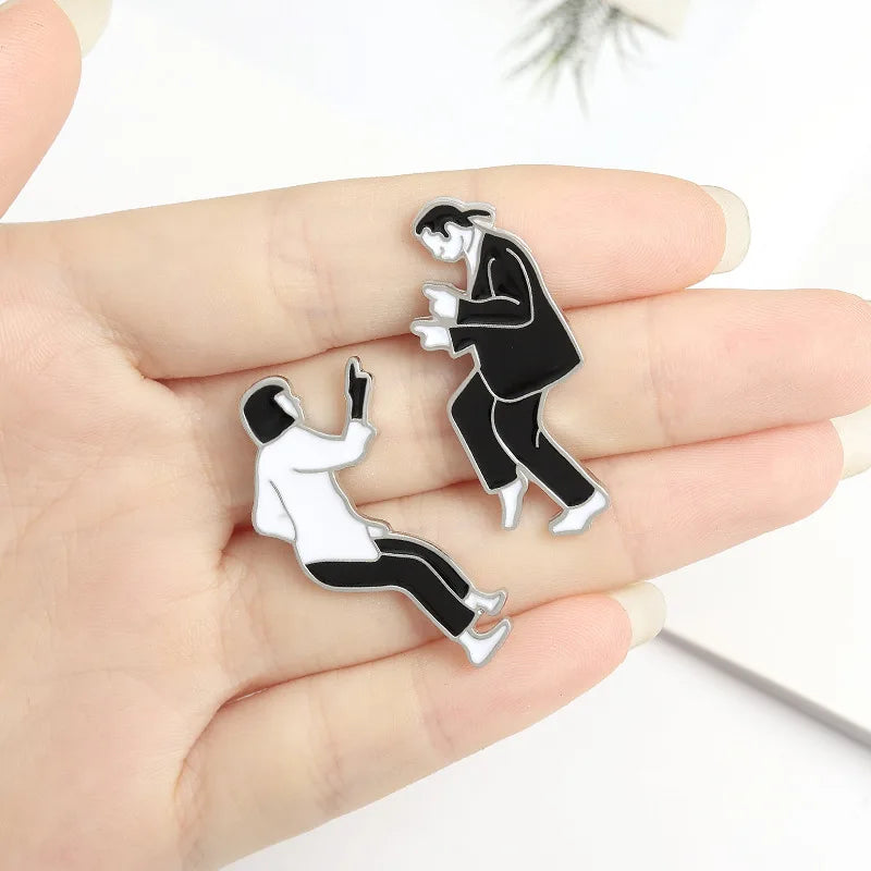 Black White Punk Fun Pulp Fiction Character Image Metal Enamel Brooch for Friend Bag Gift-Wannee Accessory