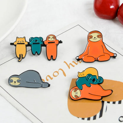 Cute Cartoon Creative Cat Bradypode Alloy Badge Brooch for Student Friend Gift-Wannee Fashion Accessory