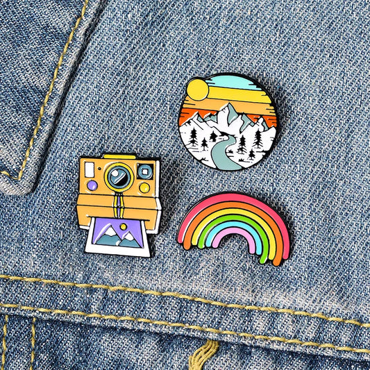 Cute Colorful Rainbow Camera Snow Mountain Metal Badge Brooch for Friend Student Gift-Wannee Accessory