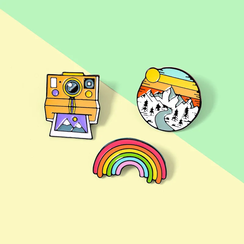 Cute Colorful Rainbow Camera Snow Mountain Metal Badge Brooch for Friend Student Gift-Wannee Accessory