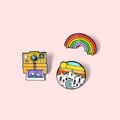 Cute Colorful Rainbow Camera Snow Mountain Metal Badge Brooch for Friend Student Gift-Wannee Accessory