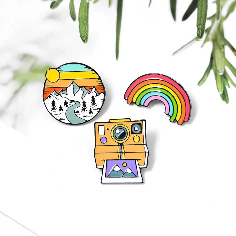 Cute Colorful Rainbow Camera Snow Mountain Metal Badge Brooch for Friend Student Gift-Wannee Accessory