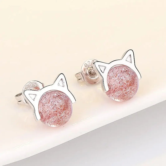 Simple Cat Design Pink Strawberry Cute Small Stud Earring for Sweet Fashion Lady-Wannee Fashion Accessory