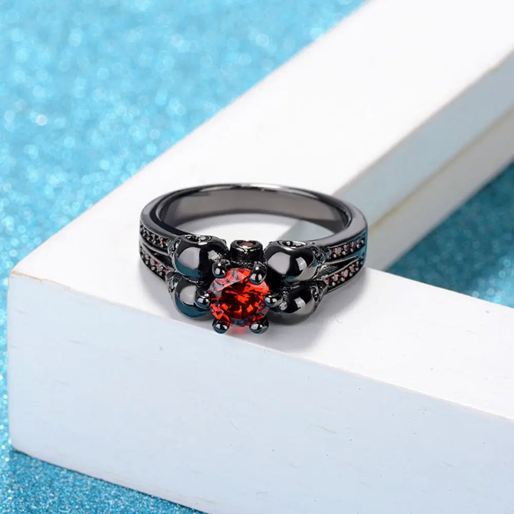 Punk Vintage Red Gem Zircon Black Skull Copper Rings for Personality Women-Wannee Fashion Jewelry