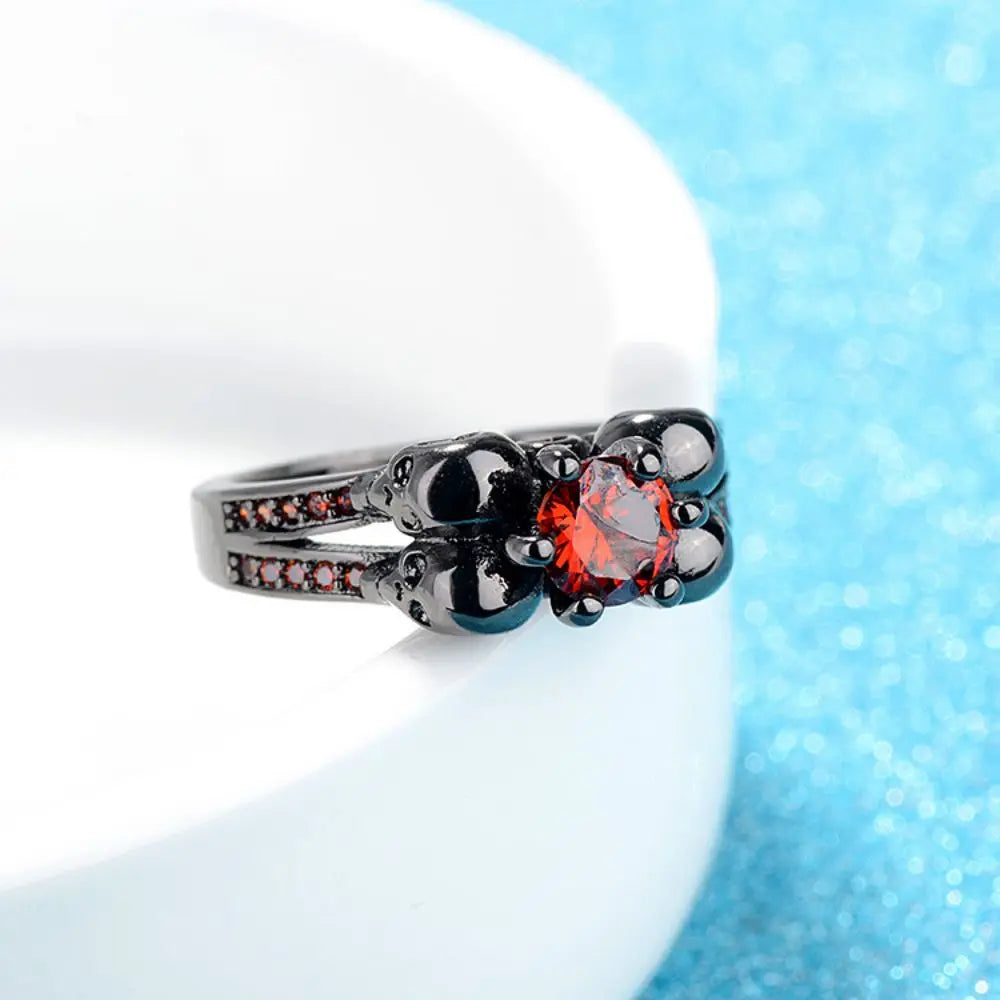 Punk Vintage Red Gem Zircon Black Skull Copper Rings for Personality Women-Wannee Fashion Jewelry