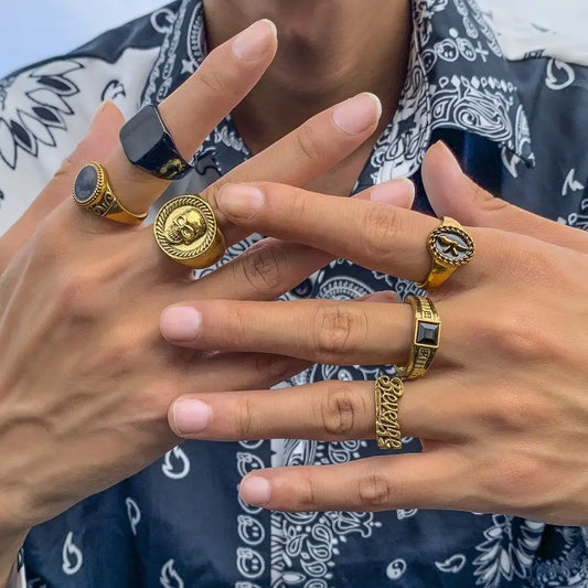 6pcs/set Hot Geometric Vintage Gold Silver Color Skull Rings Jewelry Set for Personality Men-Wannee Fashion Accessory